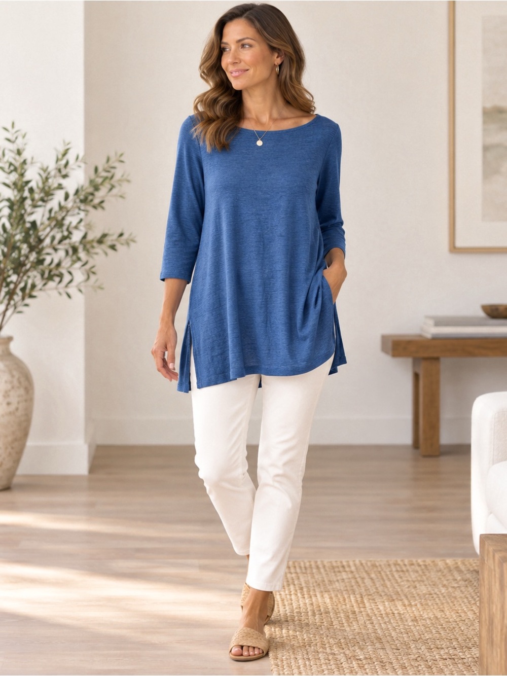 Eileen Fisher Organic Linen Tunic Top Petite M Blue 3/4 Sleeve Side Slit Classic